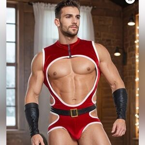Ciciful Christmas Velvet Cut Out Santa Costume Red Jockstrap Bodysuit